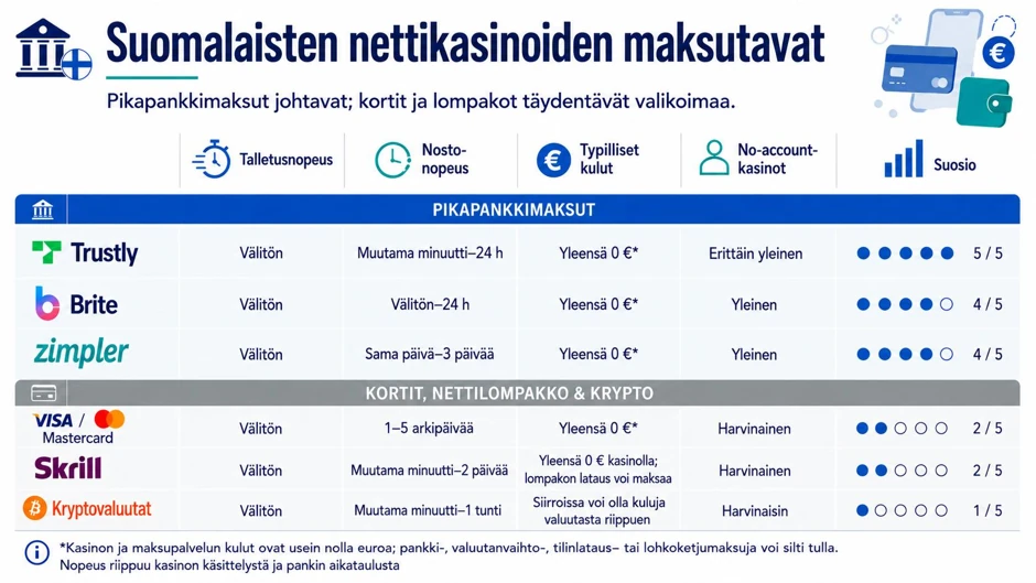 Infografiikka suomalaisten nettikasinoiden maksutavoista: Trustly, Brite, Zimpler, Visa, Skrill ja kryptovaluutat